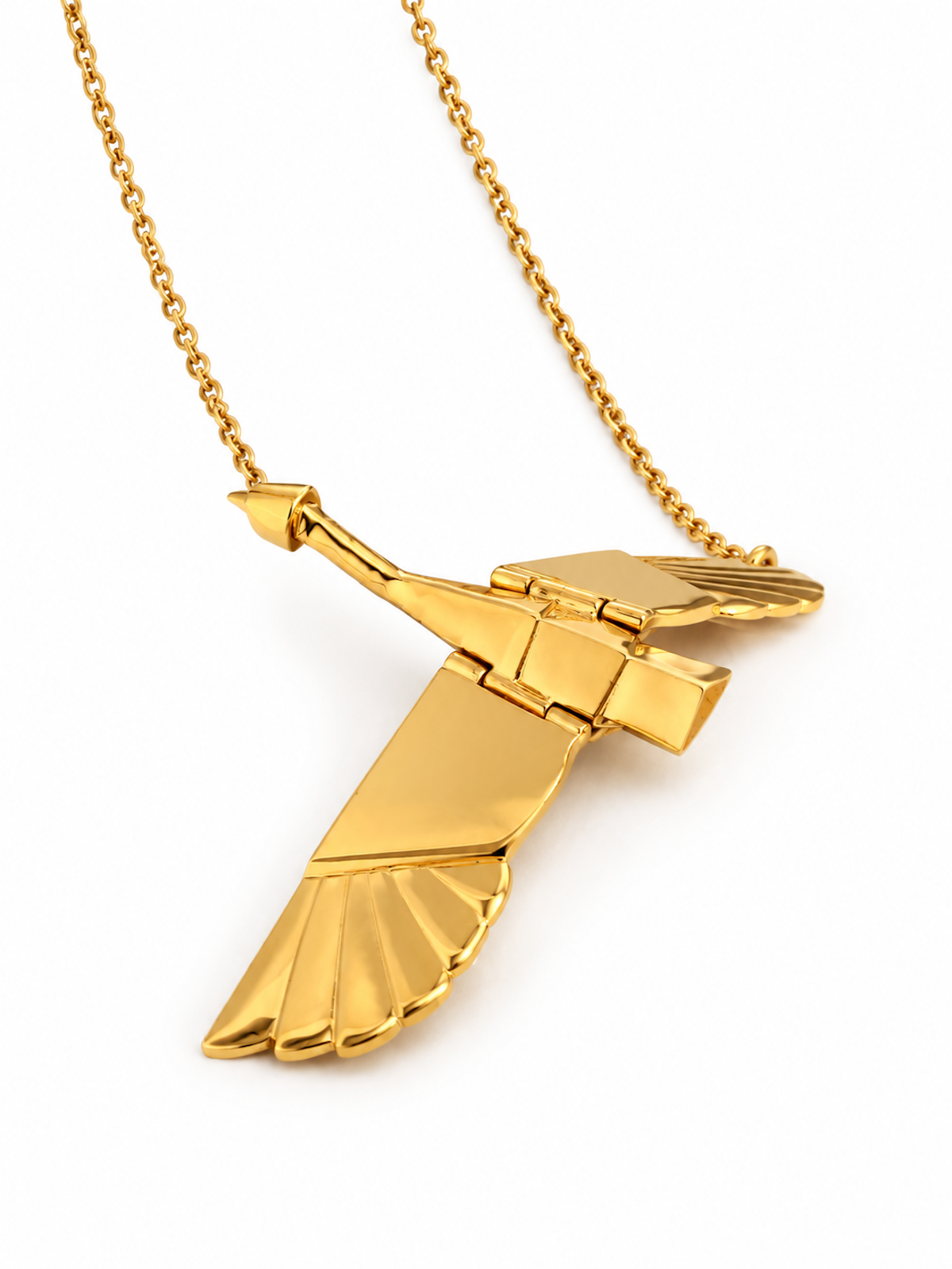 Wild Goose Journey Articulated Pendant Necklace with movable wings and geometric feather detailing.