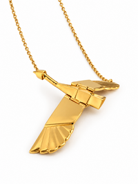 Wild Goose Journey Articulated Pendant Necklace with movable wings and geometric feather detailing.