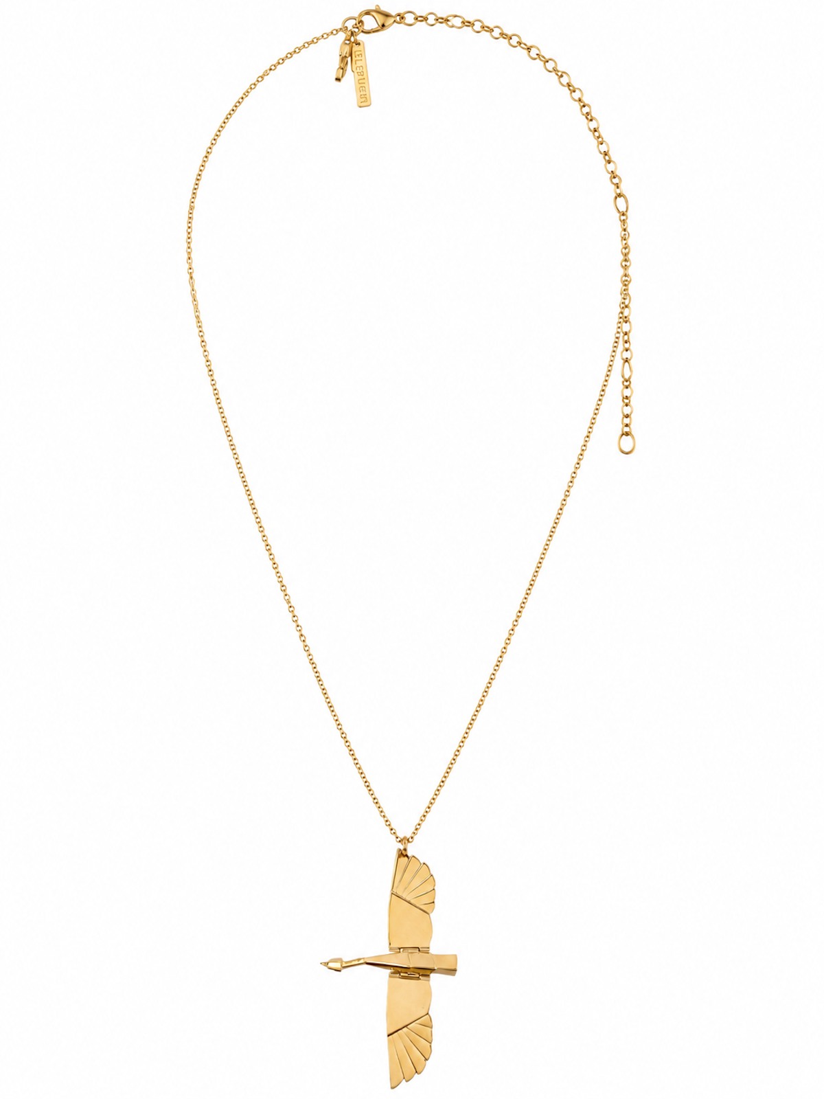 Wild Goose Journey Articulated Pendant Necklace with movable wings and geometric feather detailing.