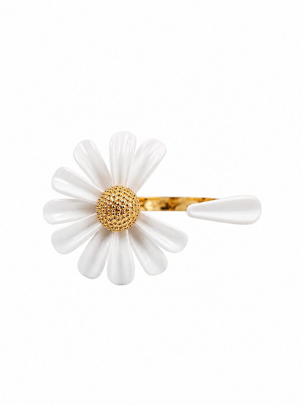 Luminous white daisy flower open ring with textured centre and delicate asymmetrical petal design.