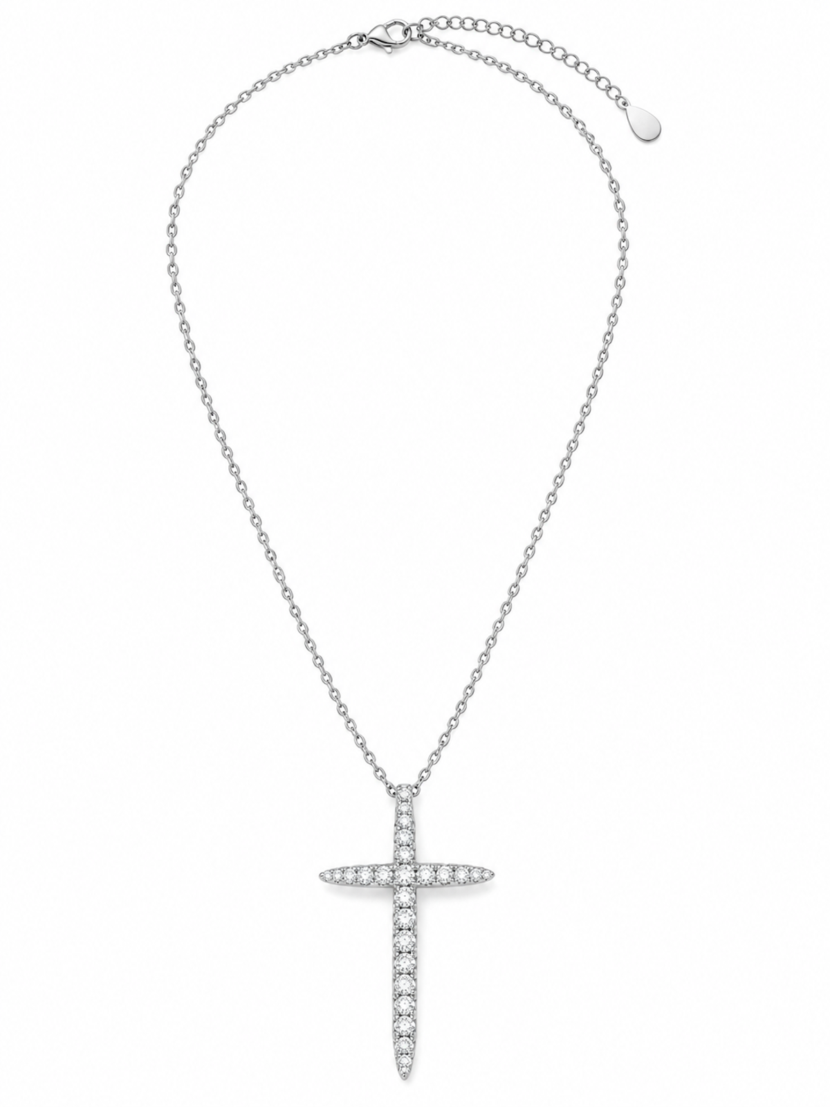 Refined tapered moissanite cross pendant necklace with elongated pointed design and delicate fine chain.