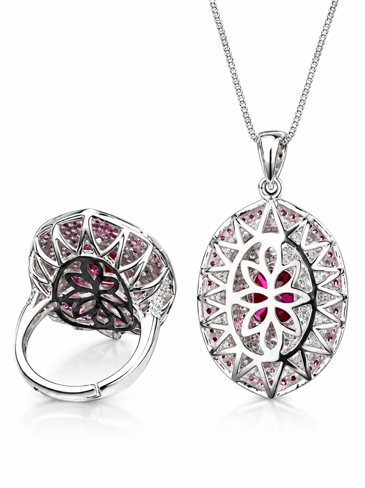 Royal Ruby Halo Crystal Pendant with vivid red centre and layered pink and clear sparkling halos.
