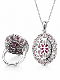 Royal Ruby Halo Crystal Pendant with vivid red centre and layered pink and clear sparkling halos.
