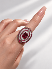 Royal Ruby Halo Crystal Dress Ring with vivid red centre and layered pink and clear sparkling halos.