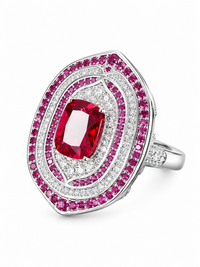 Royal Ruby Halo Crystal Dress Ring with vivid red centre and layered pink and clear sparkling halos.