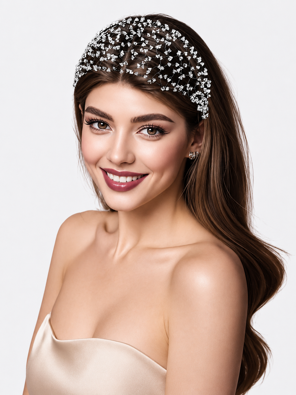 Wide black hairband with an intricate woven web design embellished with scattered clear crystal beads.