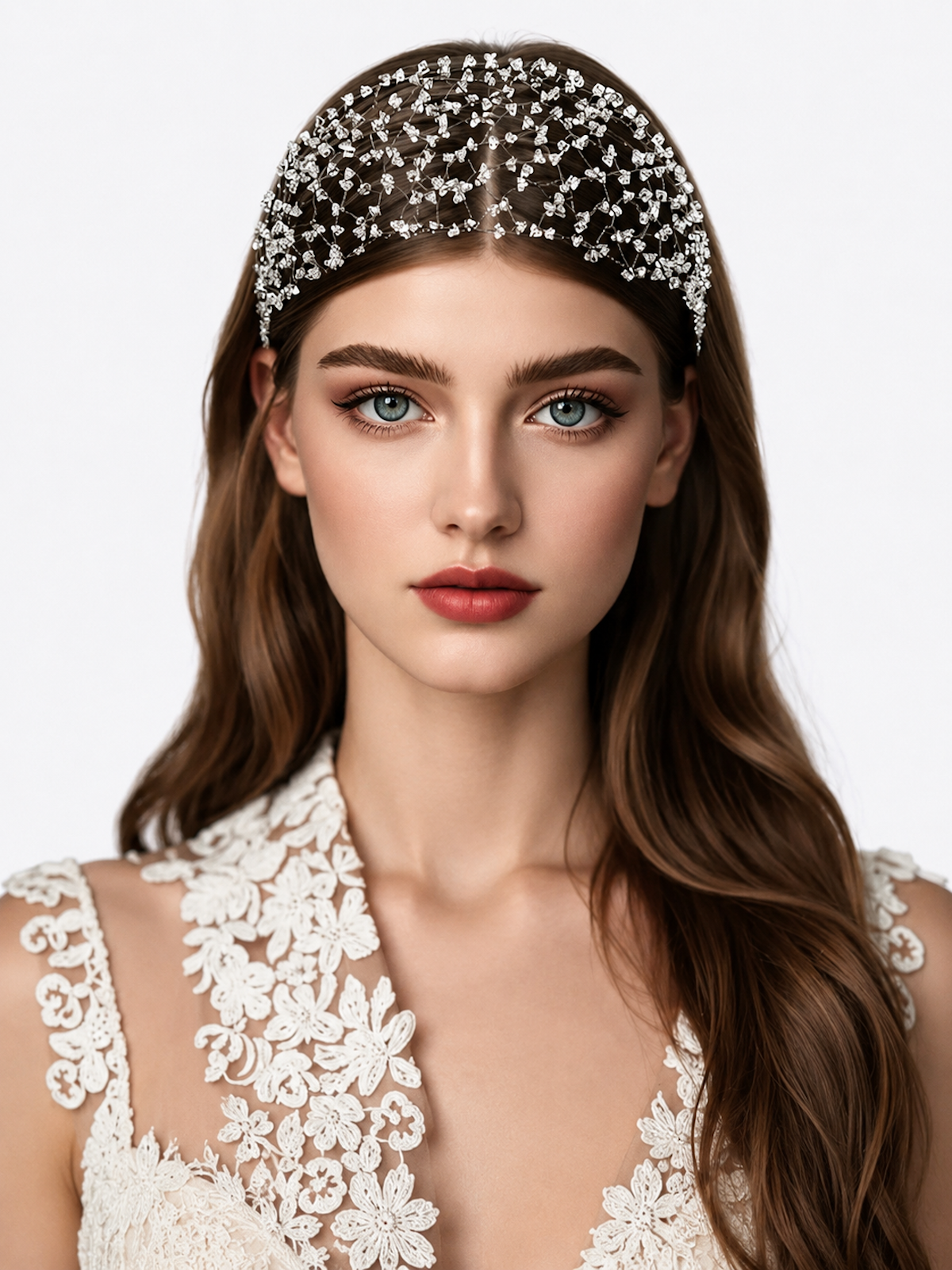 Wide black hairband with an intricate woven web design embellished with scattered clear crystal beads.
