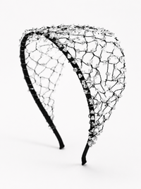 Wide black hairband with an intricate woven web design embellished with scattered clear crystal beads.