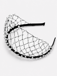 Wide black hairband with an intricate woven web design embellished with scattered clear crystal beads.