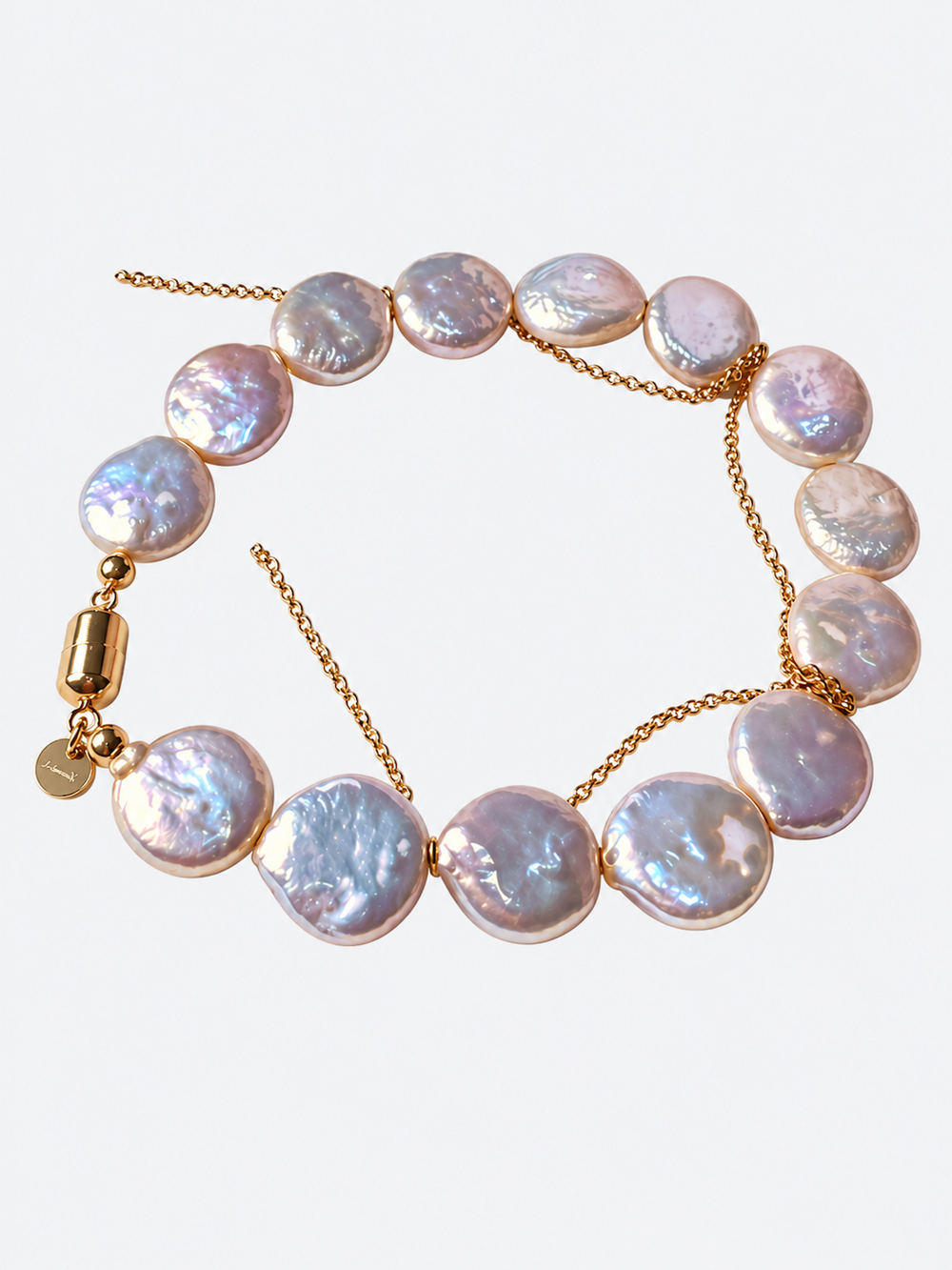 Luminous Baroque Pearl Coin Beads Bracelet with irregular freshwater baroque pearls and delicate golden chain details.