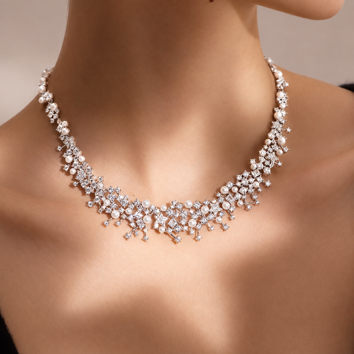 Starlight Pearl Bridal Jewelry Set featuring a matching necklace and earrings with luminous pearls and sparkling premium-grade zirconia accents.