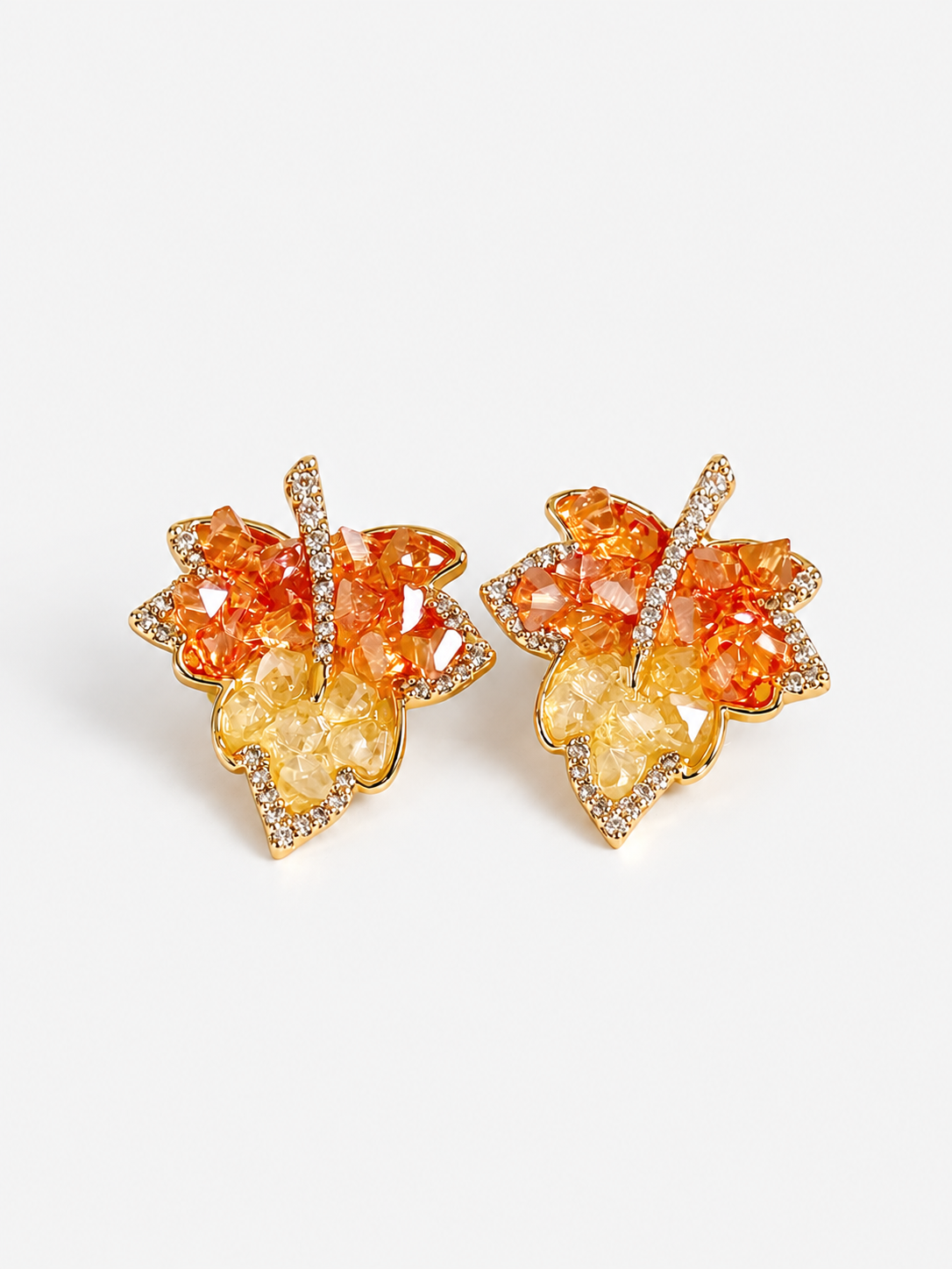 Autumn Ember Crystal Maple Leaf Earrings with layered amber and golden yellow crystals and sparkling leaf details.