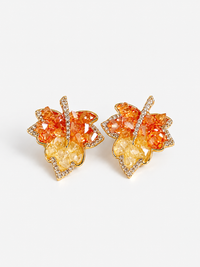 Autumn Ember Crystal Maple Leaf Earrings with layered amber and golden yellow crystals and sparkling leaf details.