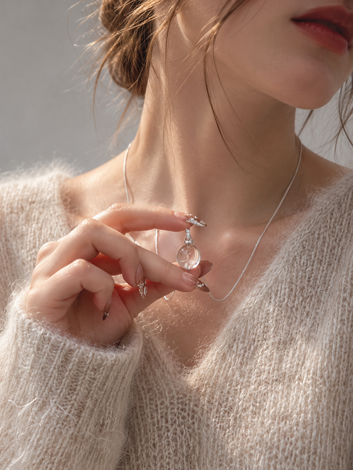 Clear Quartz Reindeer Necklace featuring a genuine clear quartz crystal pendant with a delicate reindeer motif suspended from a sterling silver chain.