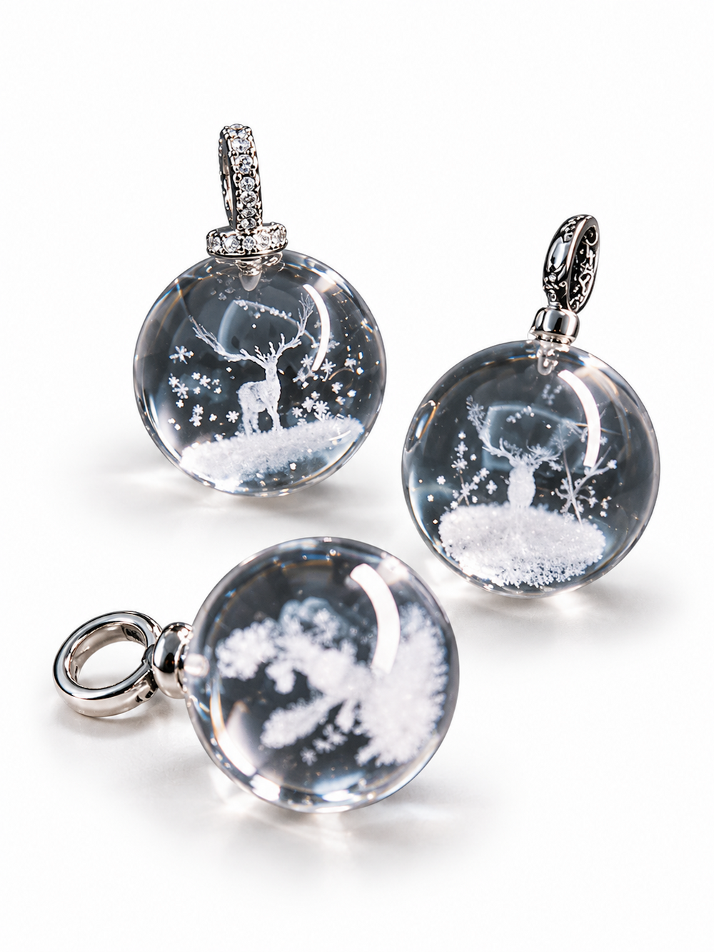 Clear Quartz Reindeer Necklace featuring a genuine clear quartz crystal pendant with a delicate reindeer motif suspended from a sterling silver chain.