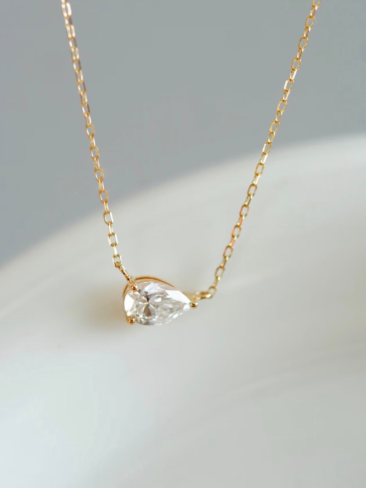 3CT pear cut moissanite solitaire necklace in 925 sterling silver with a delicate chain and minimalist setting.