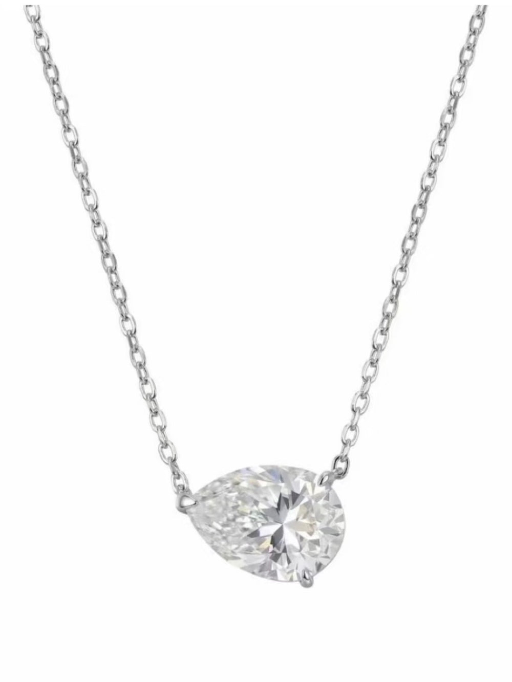 3CT pear cut moissanite solitaire necklace in 925 sterling silver with a delicate chain and minimalist setting.