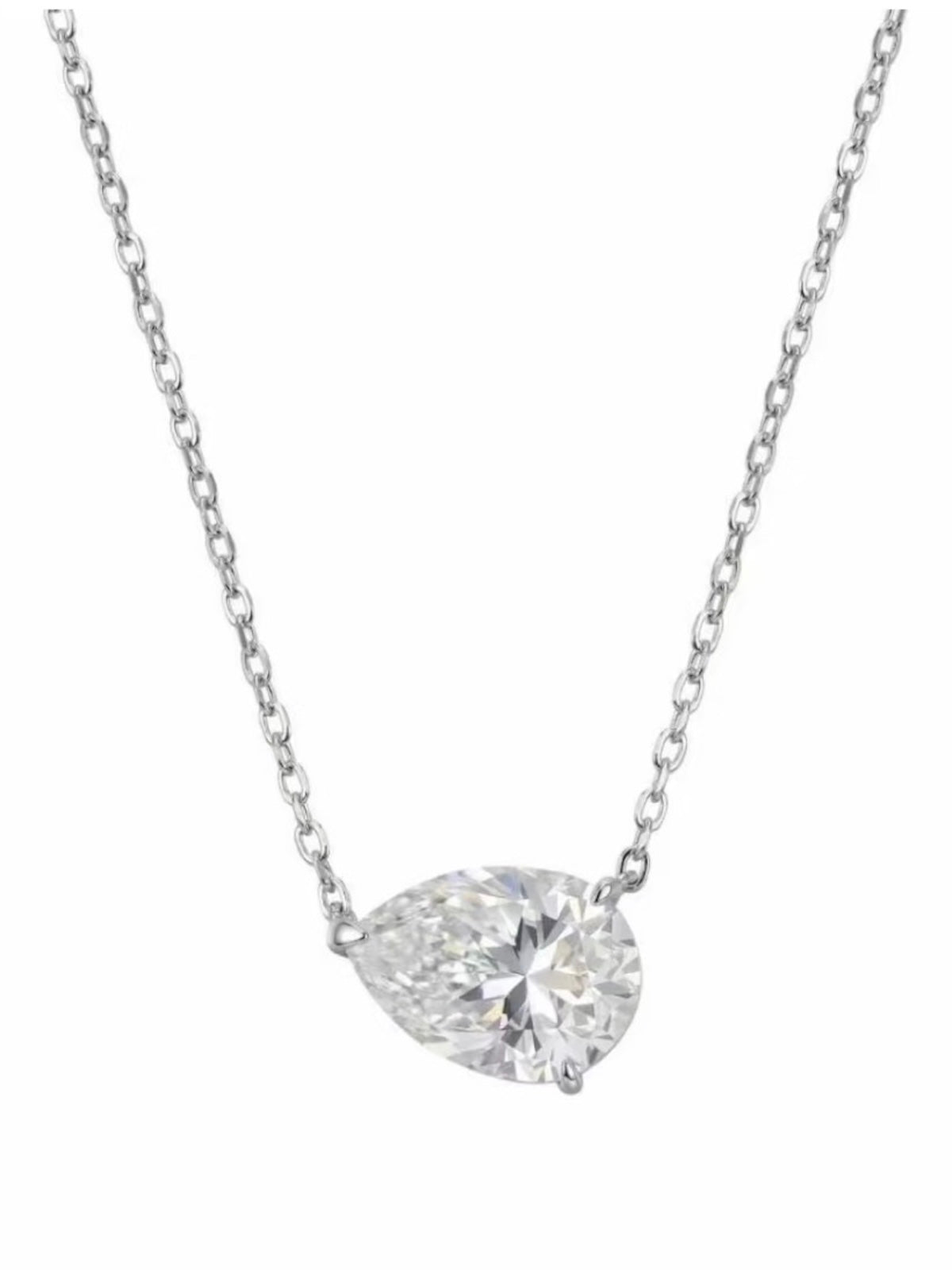 3CT pear cut moissanite solitaire necklace in 925 sterling silver with a delicate chain and minimalist setting.