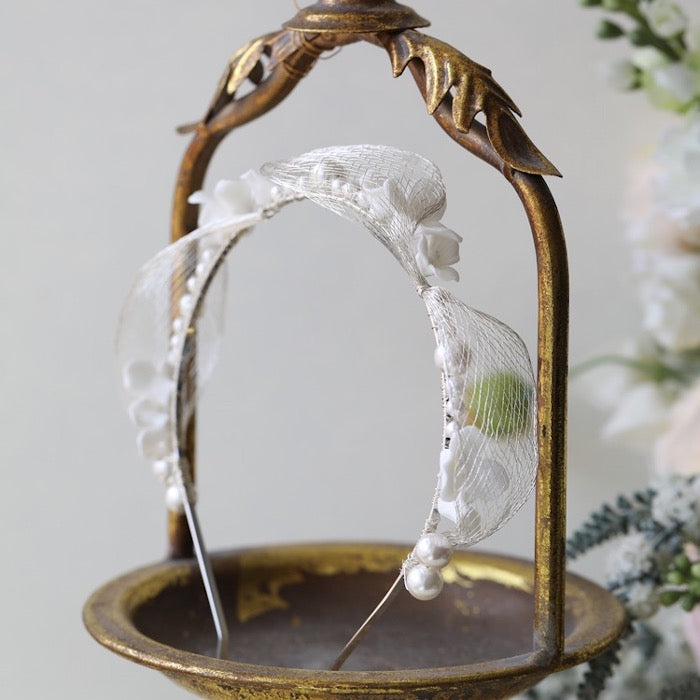 Romantic silver mesh bridal headband-ceramic flowers