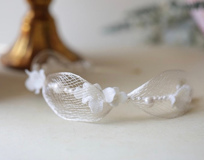 Romantic silver mesh bridal headband-ceramic flowers