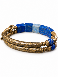 Lapis Lazuli Square Bead Bracelet featuring genuine deep-blue lapis lazuli square beads, layered bronze-toned bangles, and a vintage-inspired charm.