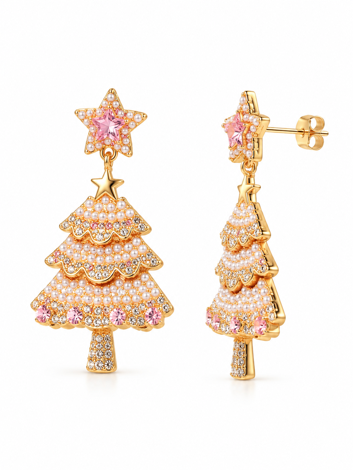 Pink Pearl Christmas Tree Earrings