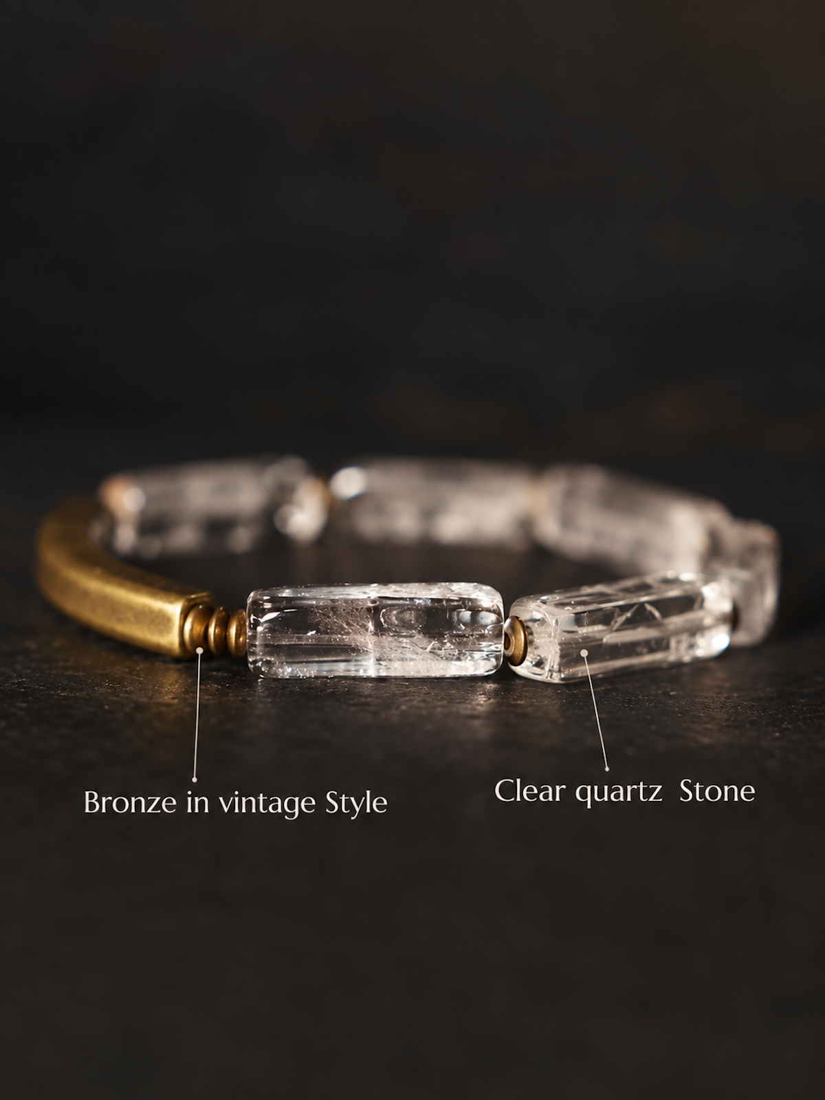 Clear Quartz Bar Bracelet featuring genuine clear quartz stone bars, bronze-toned findings, and a vintage-inspired charm.