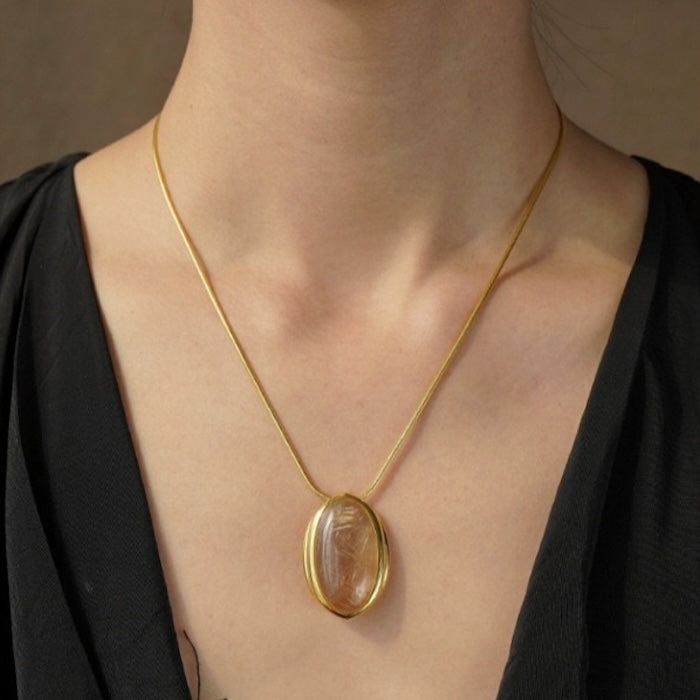 Gold Rutilated Quartz Oval Pendant Necklace