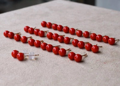 Timeless Red Coral Ball Ear Studs-18K Gold