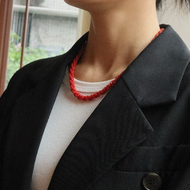 Stylish Red Coral Braided Beads Necklace