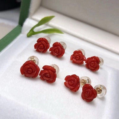 Timeless Red Coral Rose Flower Ear Studs-18K Gold