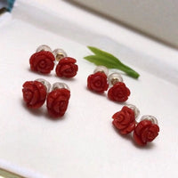 Timeless Red Coral Rose Flower Ear Studs-18K Gold