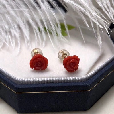 Timeless Red Coral Rose Flower Ear Studs-18K Gold