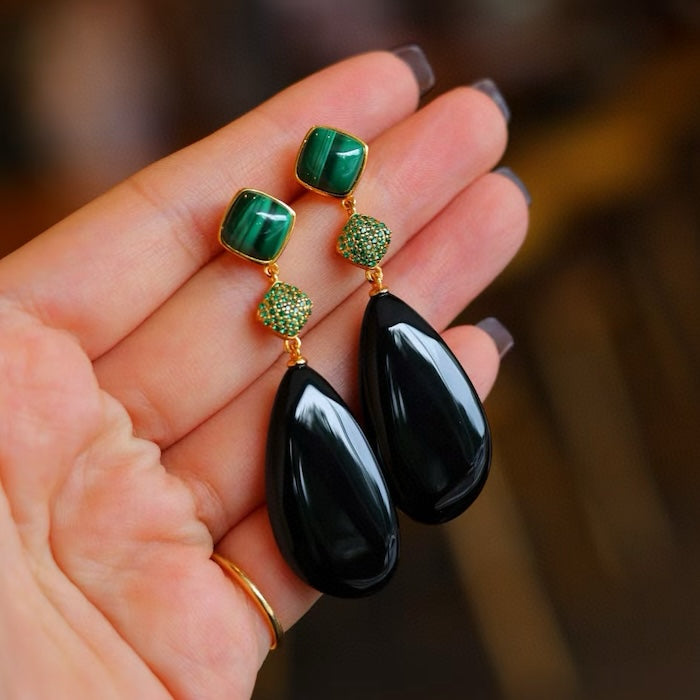 Black Onyx n Malachite Waterdrop Earrings