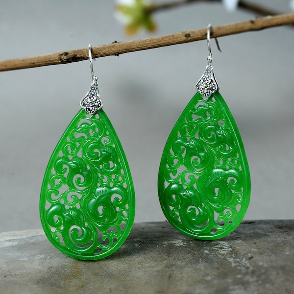 Waterdrop Jade Earrings-Ruyi flower Pattern