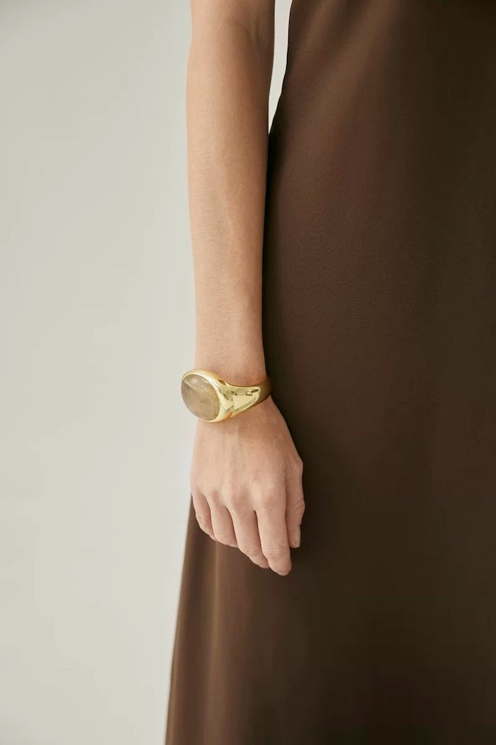 Bold Minimalist Gold Rutilated Quartz Wide Bangle