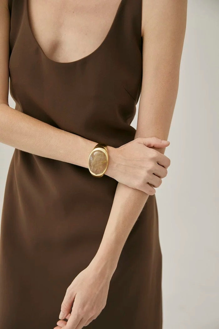 Bold Minimalist Gold Rutilated Quartz Wide Bangle