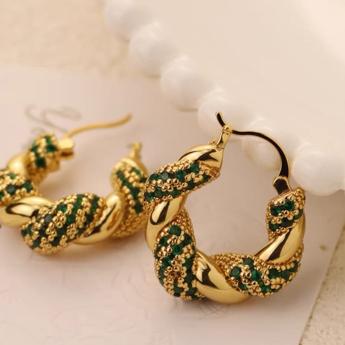 braided hoop earrings - green stones