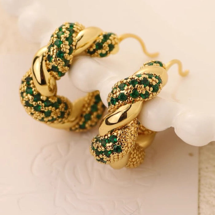 braided hoop earrings - green stones