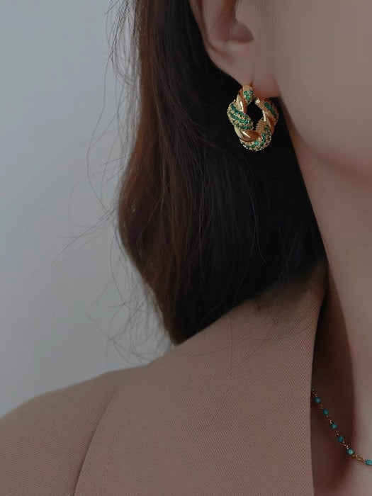 braided hoop earrings - green stones