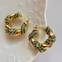 braided hoop earrings - green stones