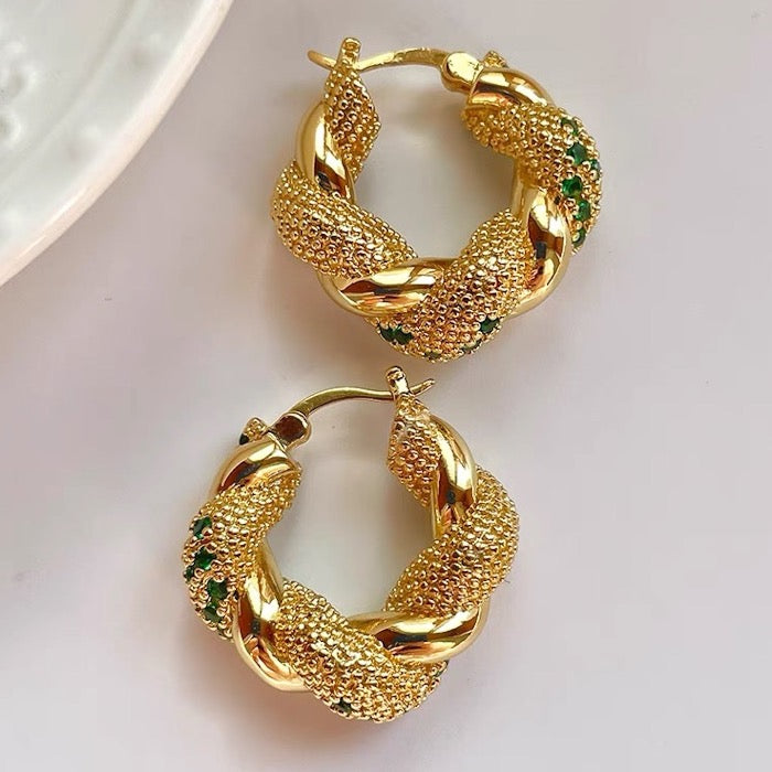 braided hoop earrings - green stones