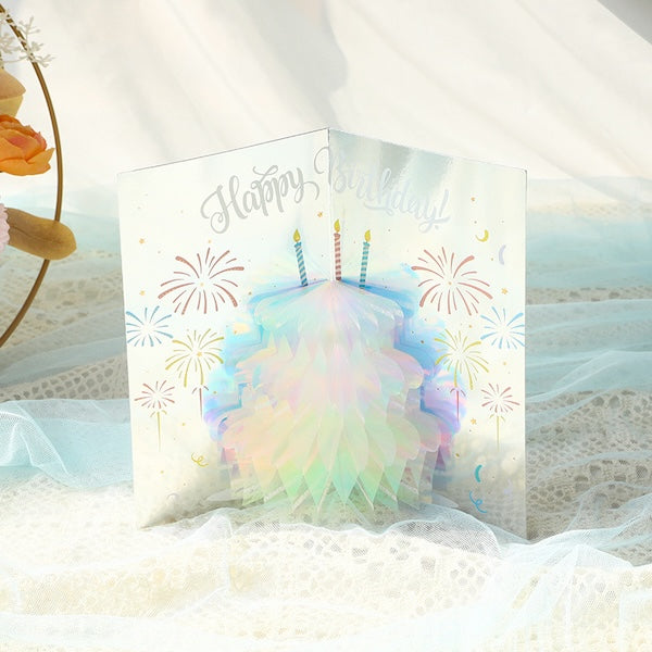 3D Gift Card-Sparkling Flower n Birthday Cake Design
