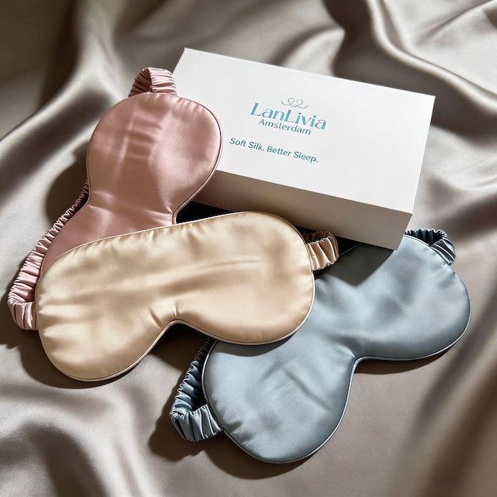 Oversized 22mm Mulberry Silk Sleep Mask in luxurious mulberry silk with premium gift box, designed for travel, relaxation, and enhanced light blockage.