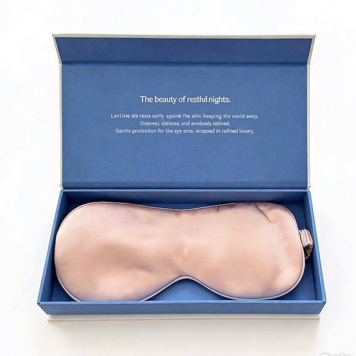 Oversized 22mm Mulberry Silk Sleep Mask in luxurious mulberry silk with premium gift box, designed for travel, relaxation, and enhanced light blockage.