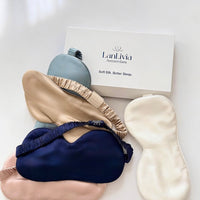 Oversized 22mm Mulberry Silk Sleep Mask in luxurious mulberry silk with premium gift box, designed for travel, relaxation, and enhanced light blockage.