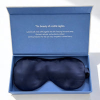 Oversized 22mm Mulberry Silk Sleep Mask in luxurious mulberry silk with premium gift box, designed for travel, relaxation, and enhanced light blockage.