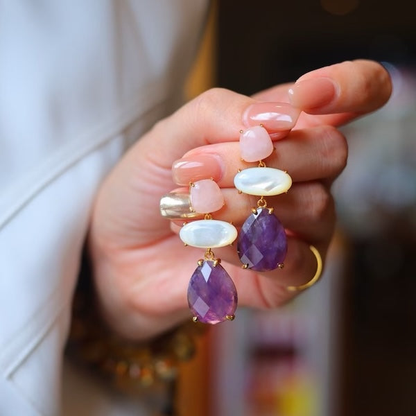 Unique Design Amethyst Rose Quartz Stone Earrings