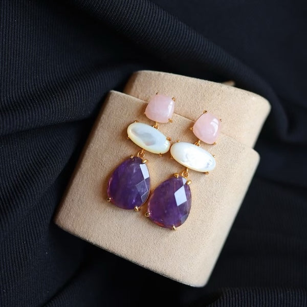 Unique Design Amethyst Rose Quartz Stone Earrings