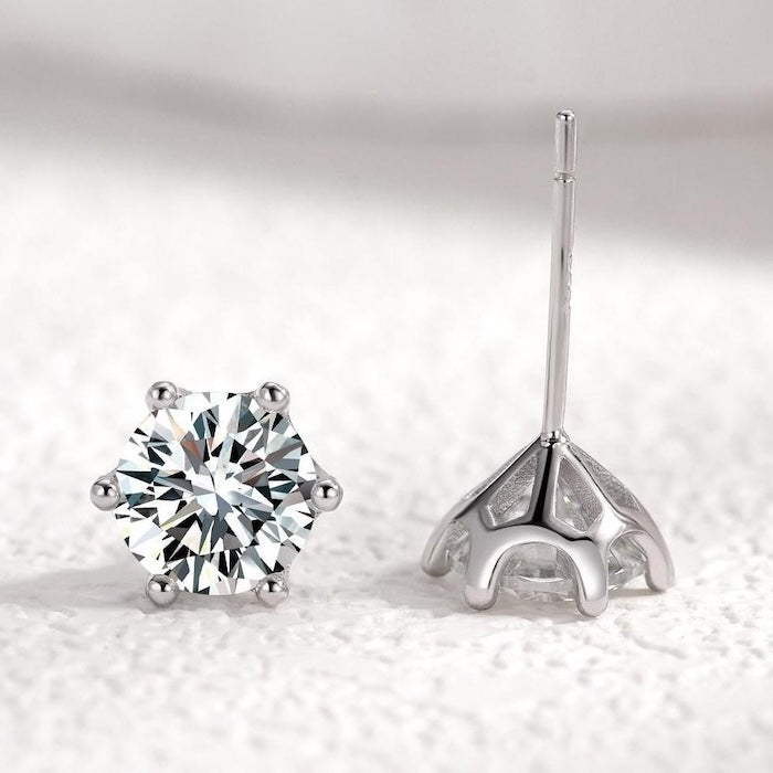 Classic 6 Claw Solitaire Moissanite Earrings featuring round brilliant moissanite stones secured in elegant six-claw stud settings.